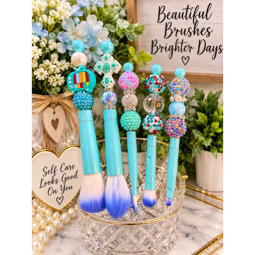 Custom Beaded Makeup Brush Set 5pc Turquoise Blue Ombre Rhinestone Retro TV